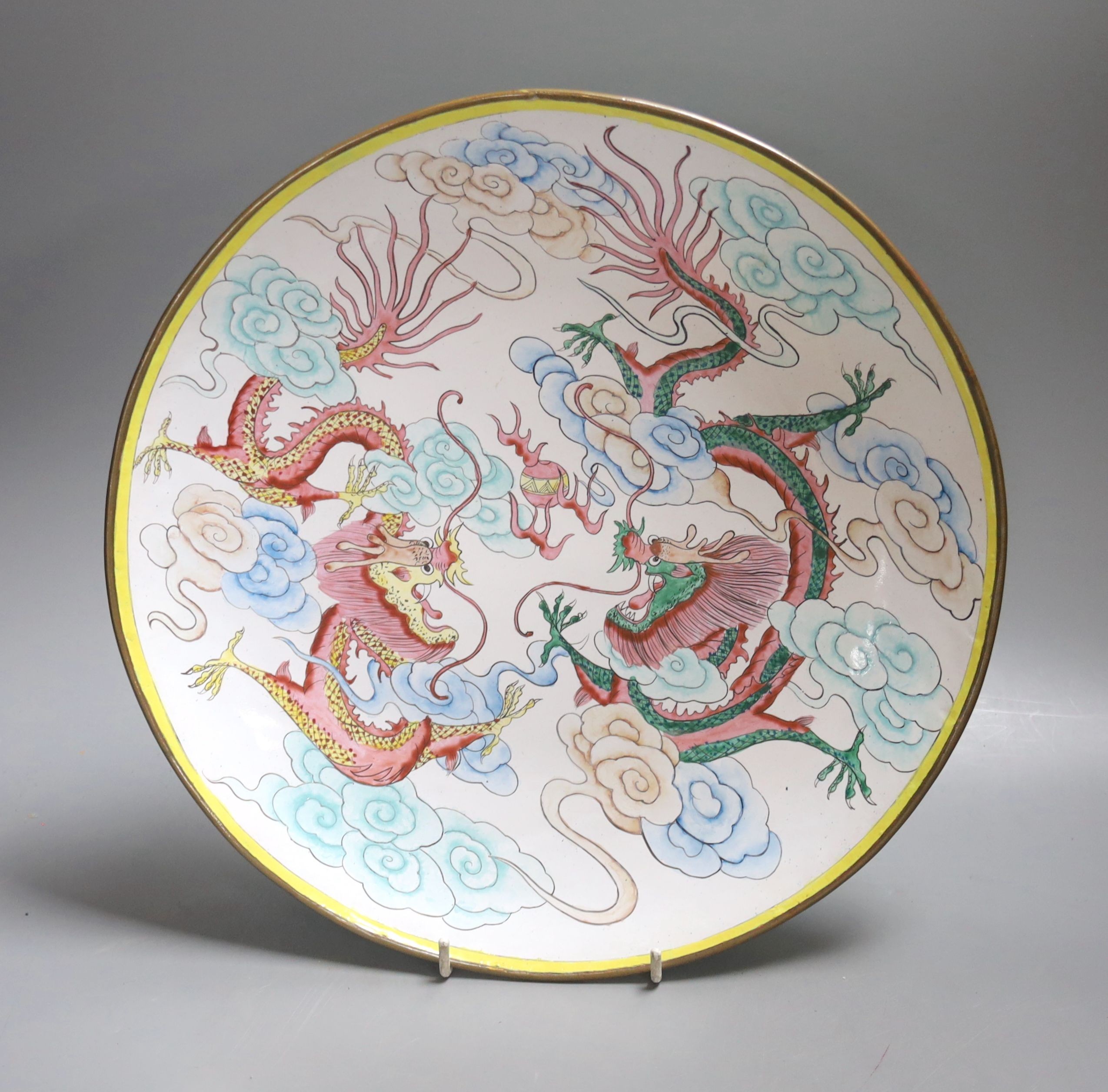 A Chinese Canton enamel 'dragon' dish 31cm